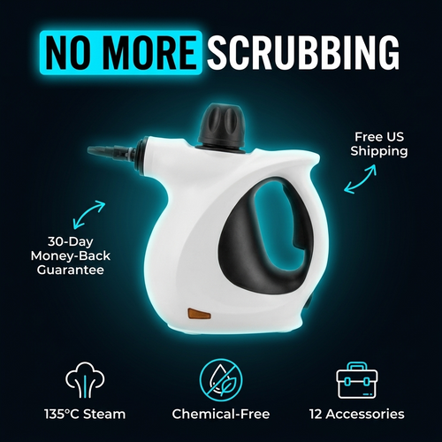 No more scrubbing — 30-day guarantee, free US shipping, 135°C steam, chemical-free, 12 accessories