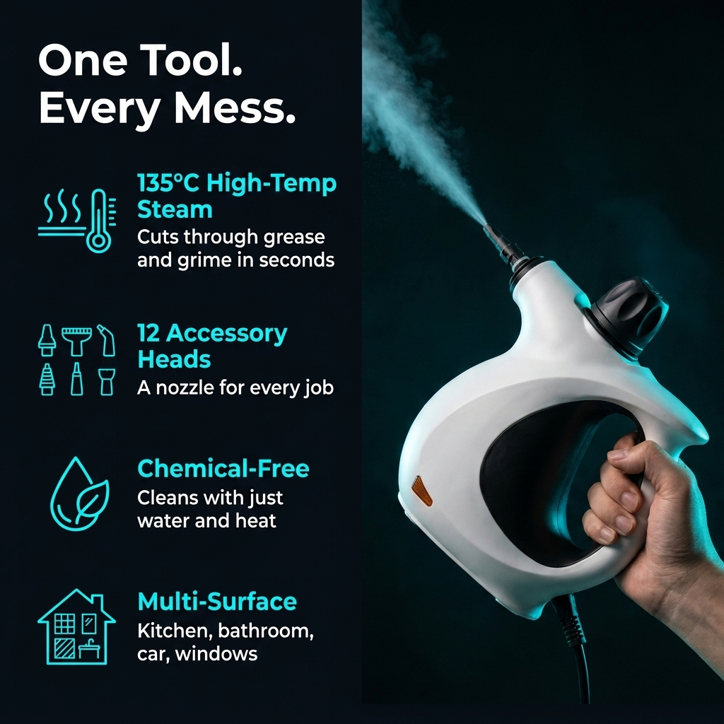 One tool, every mess — 135°C steam, 12 accessory heads, chemical-free, multi-surface