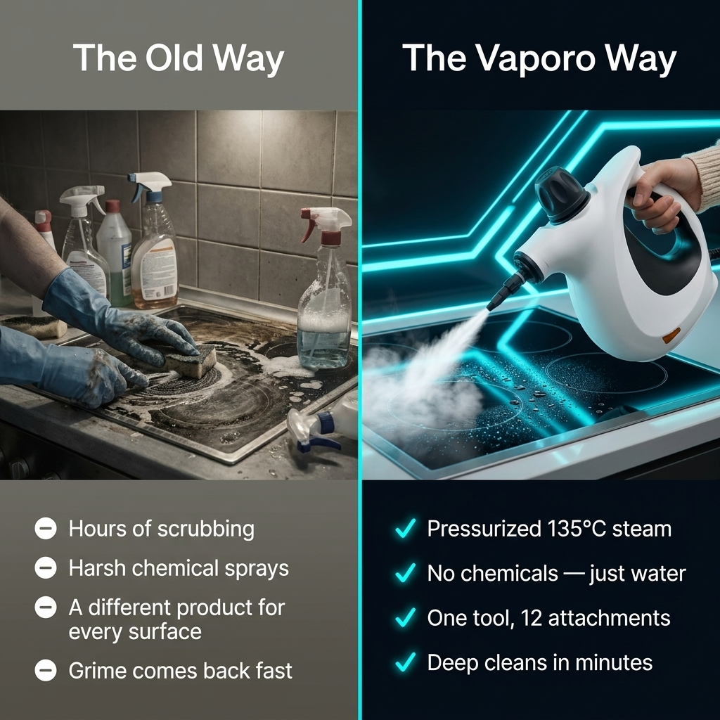 The old way vs the Vaporo way — steam instead of scrubbing and chemical sprays