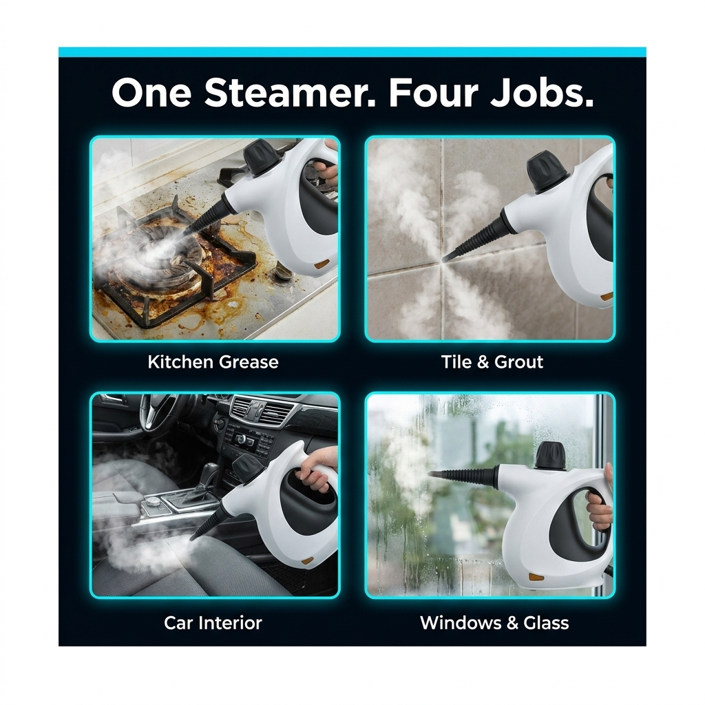 One steamer, four jobs — kitchen grease, tile and grout, car interior, windows and glass
