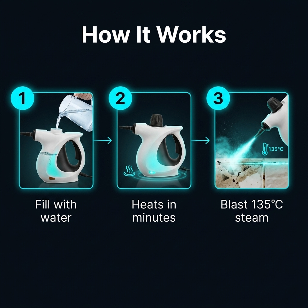 How it works — fill with water, heats in minutes, blast 135°C steam