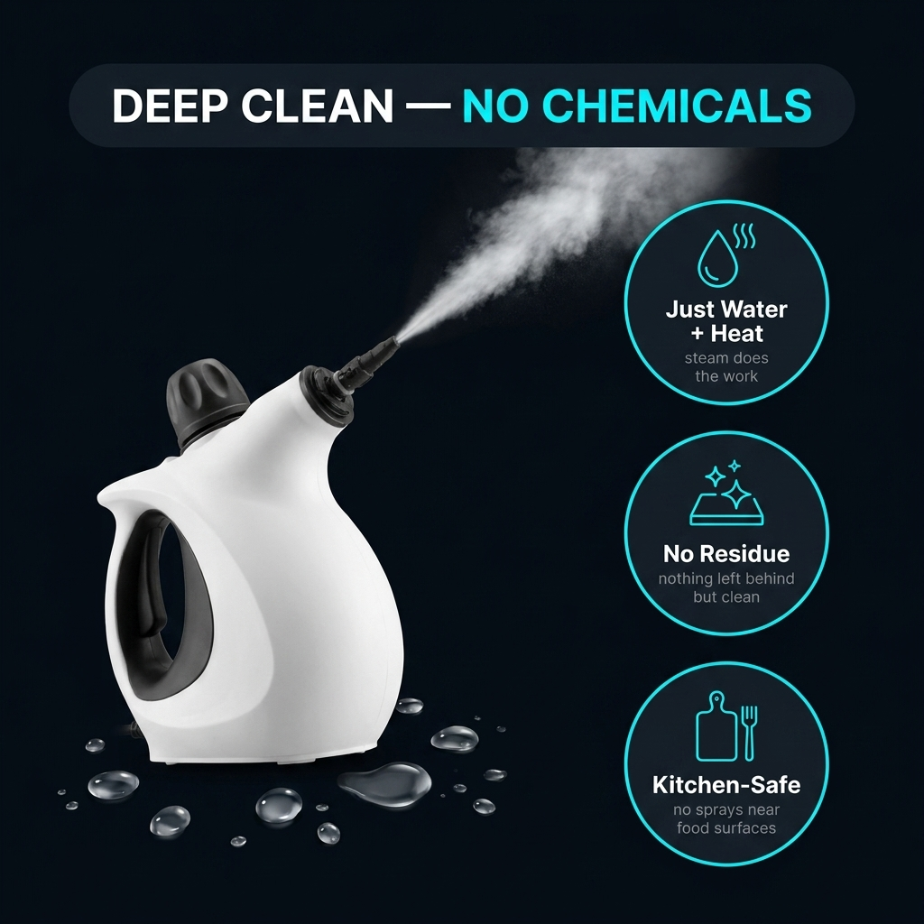 Deep clean, no chemicals — just water and heat, no residue, kitchen-safe