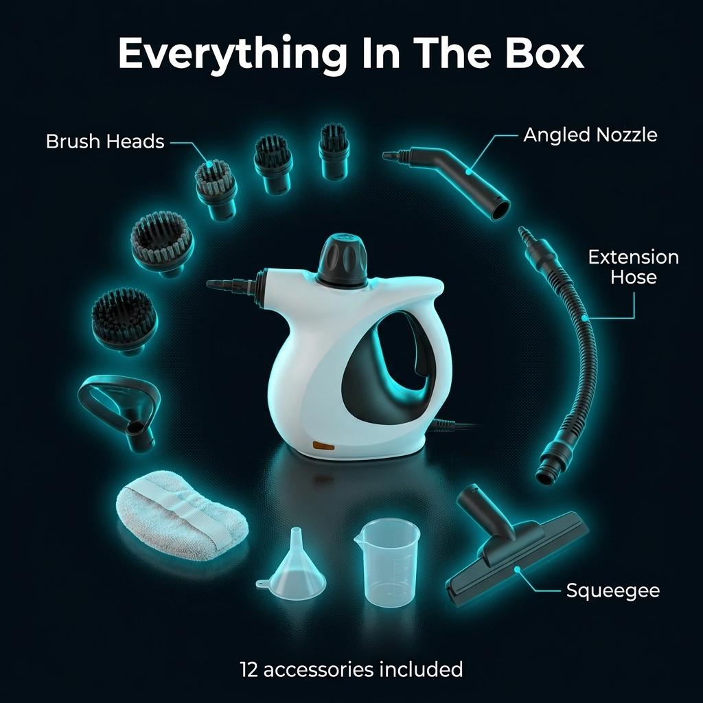 Everything in the box — steam cleaner with 12 accessories